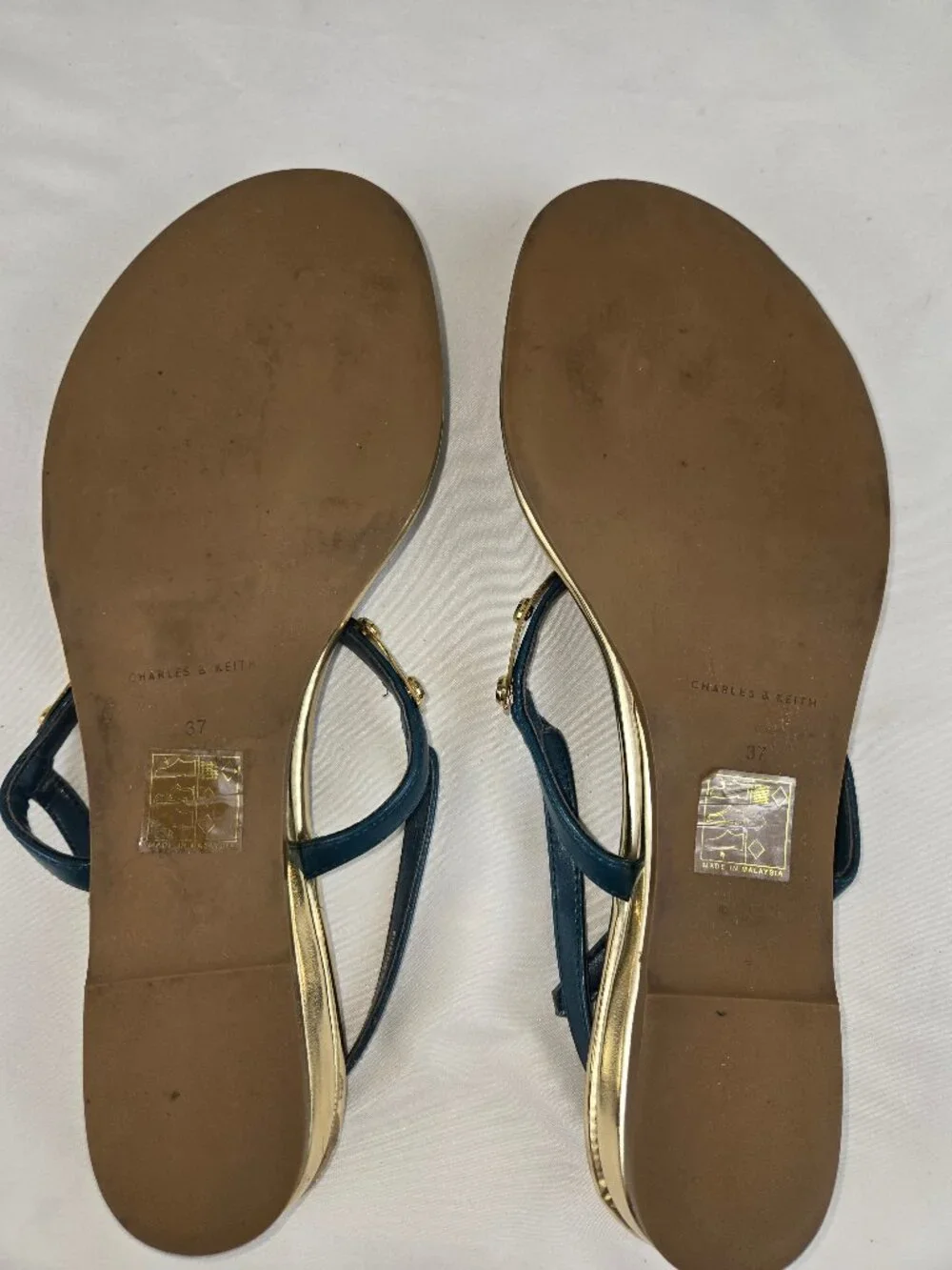 Charles & Keith Size 37 (US 7) Teal Gold Accent Leather Sandal Ankle Strap